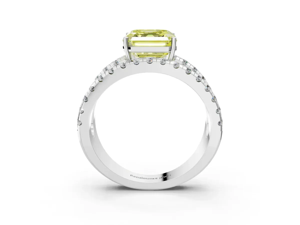 Fancy Yellow Asscher Cut Solitaire Split Shank Pave Diamond Ring Platinum