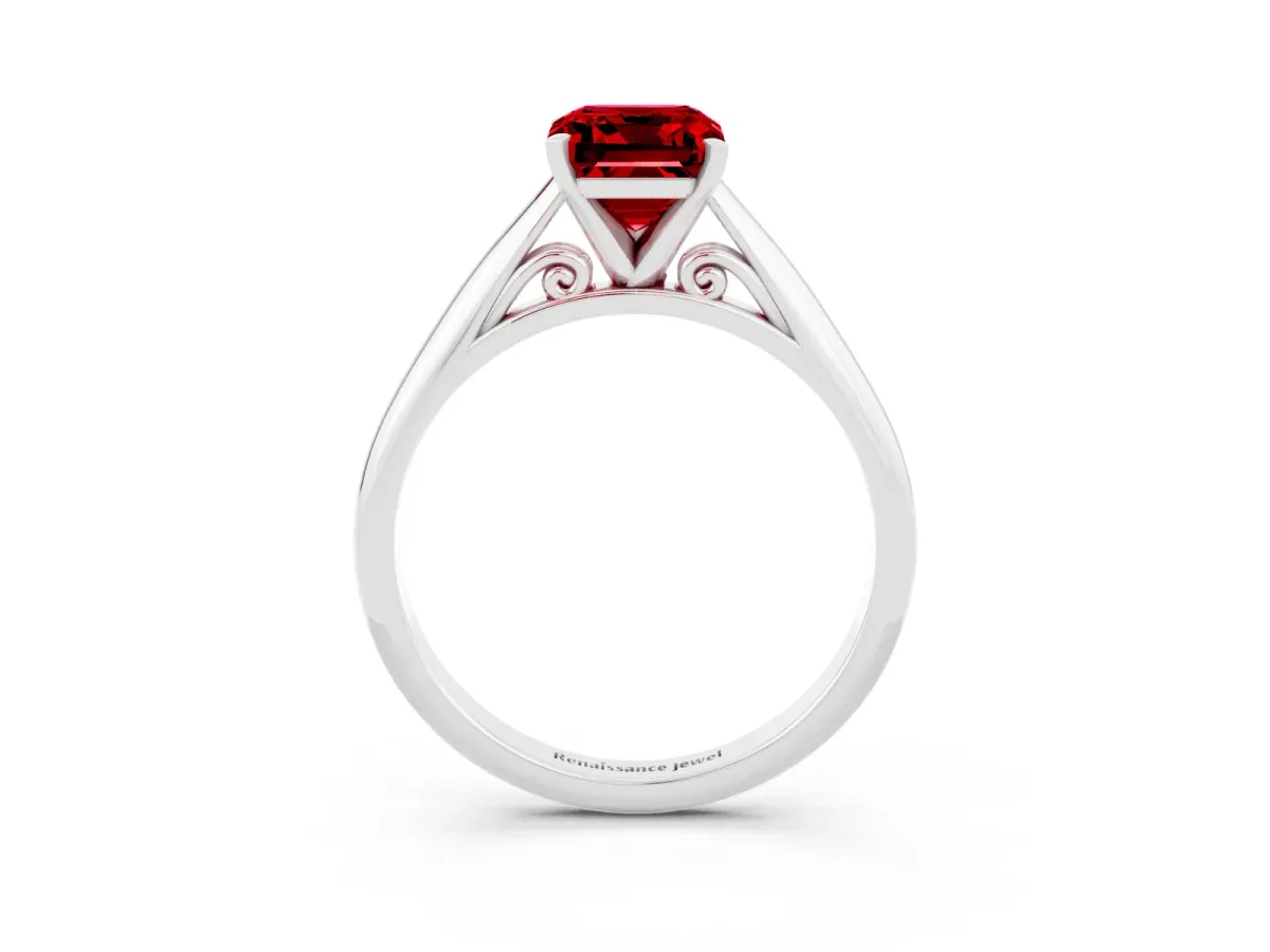 Emerald Cut Ruby Solitaire Engagement Ring with Cathedral Setting and Four-Prong Mount White gold