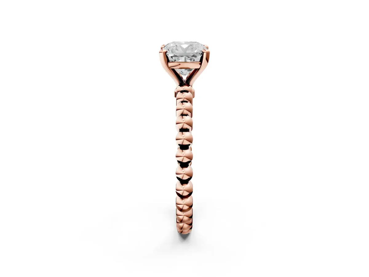 Cushion Cut Diamond Solitaire Ring with Beaded Band and Prong Setting Rose gold
