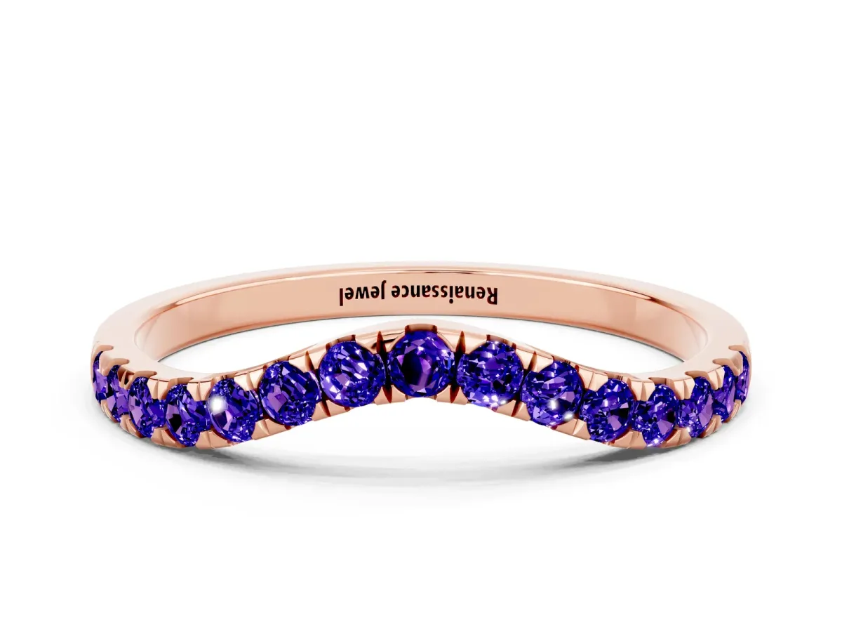Curved Pavé Round Tanzanite Wedding Band with Shared Prong Setting Rose gold