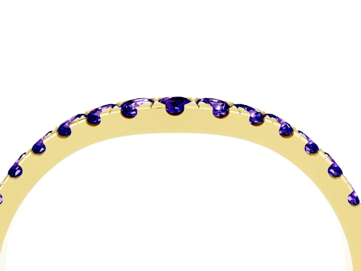 Curved Pavé Round Tanzanite Wedding Band with Shared Prong Setting Yellow gold