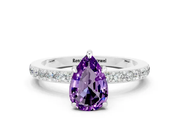 Pear Cut Amethyst Solitaire Engagement Ring with Pavé Band and Four-Prong Setting Platinum