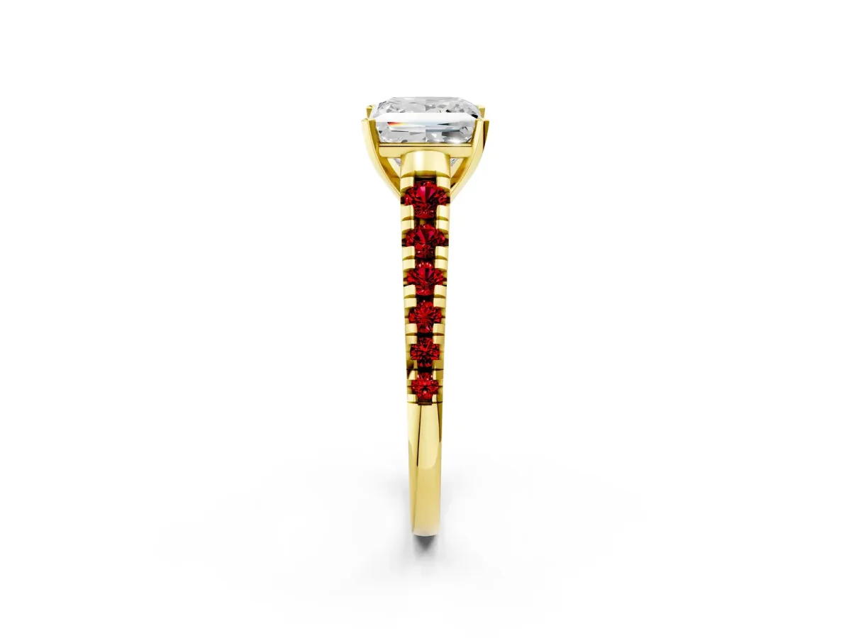 Princess Cut Diamond Cathedral Solitaire Ring with Round Ruby Pavé Band Yellow gold