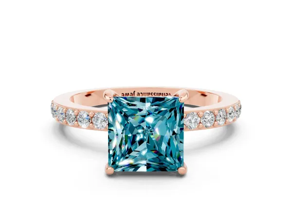 Princess Cut Blue Topaz Solitaire Engagement Ring with Pavé Band and Four-Prong Setting Rose gold