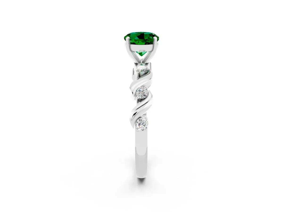 Round Cut Emerald Solitaire Twisted Band with Round Accents and Prong Setting Silver