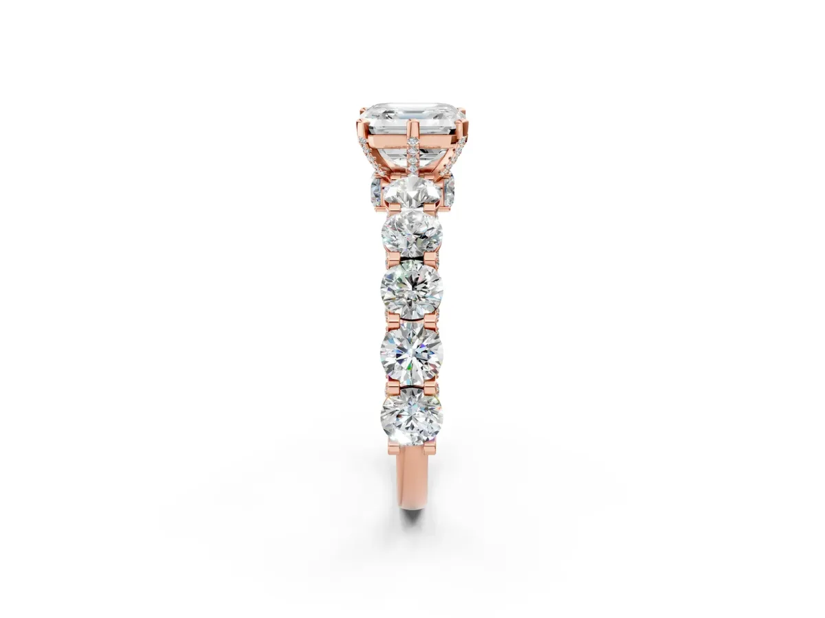 Asscher Cut Diamond Side Stone Engagement Ring with Four-Prong Setting Rose gold