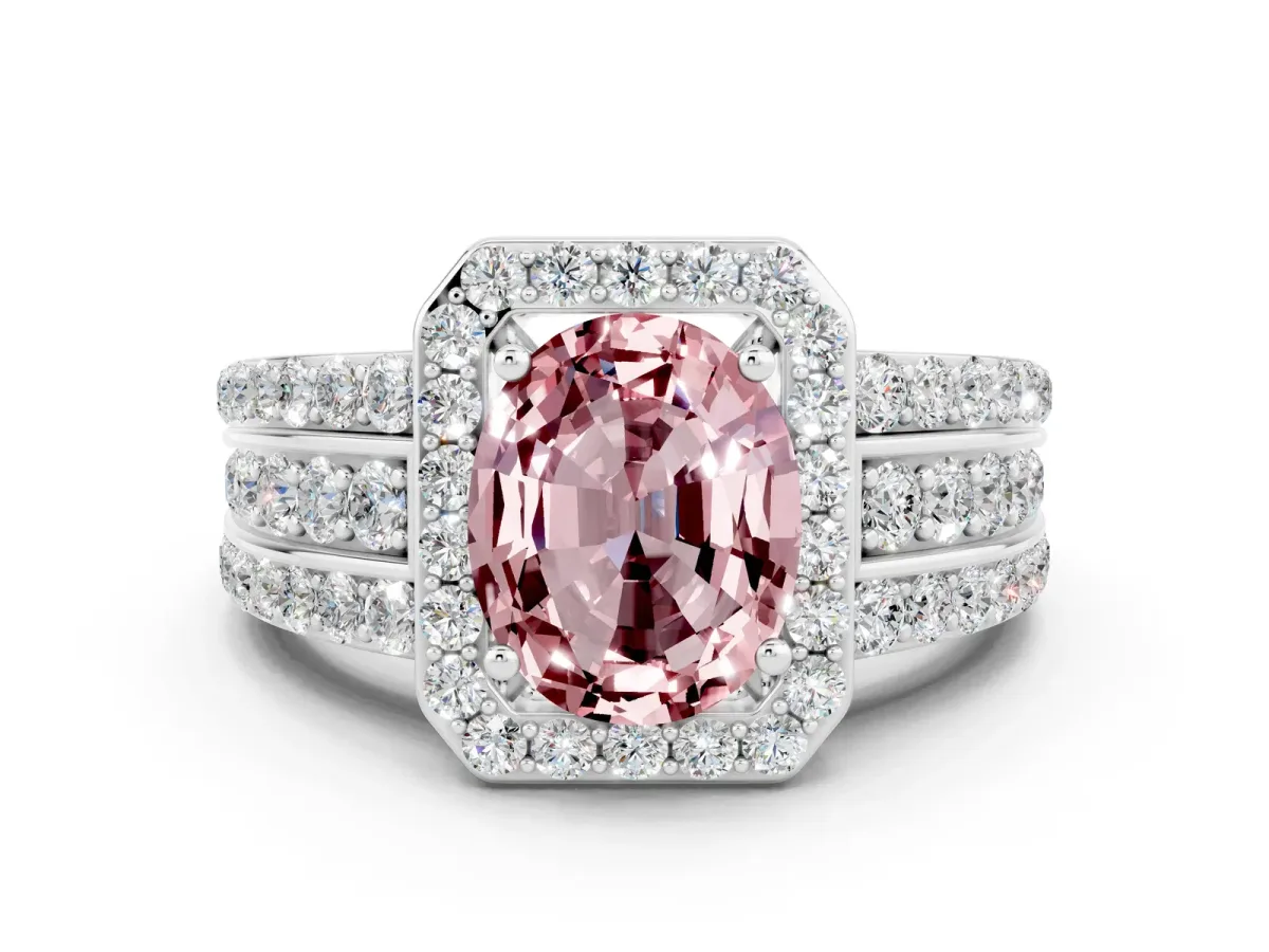 Oval Cut Halo Morganite Ring with Round Split Shank and Prong Setting Silver