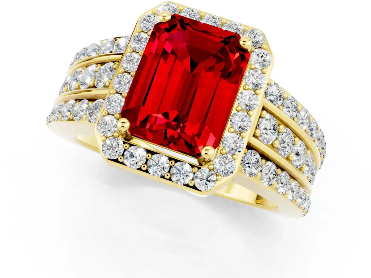 Emerald Cut Halo Ruby Ring with Round Split Shank and Prong Setting Yellow gold