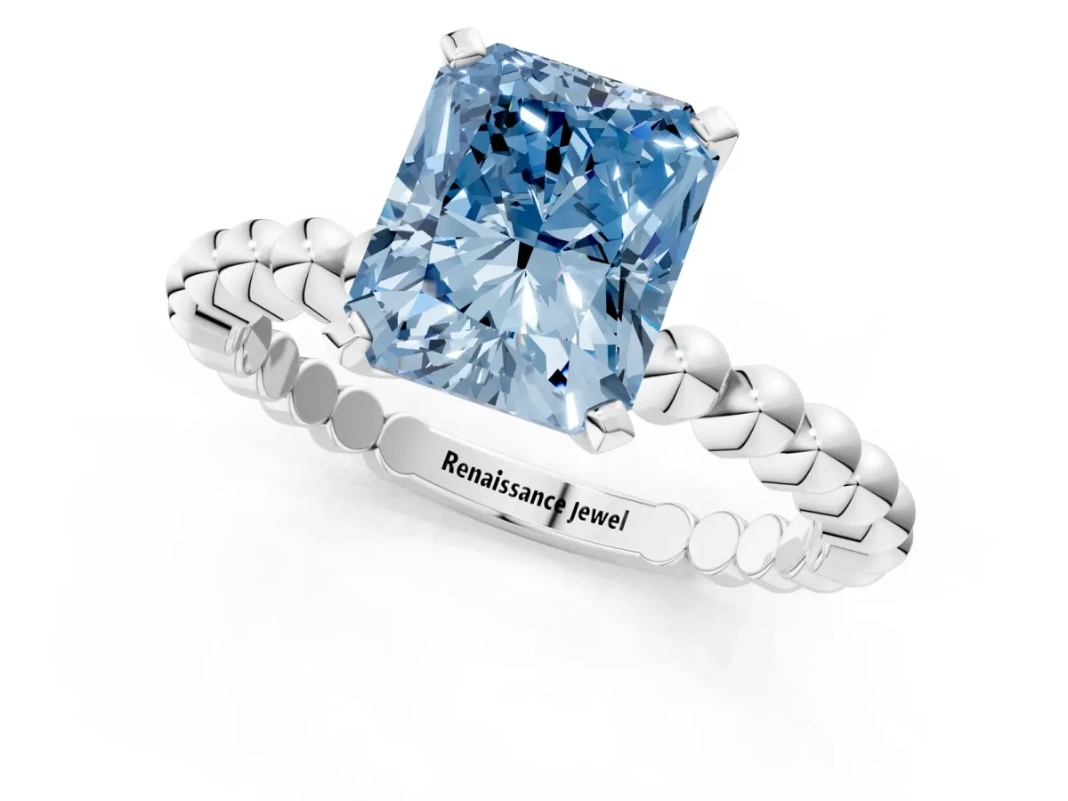 Fancy Blue Radiant Cut Diamond Solitaire Ring with Beaded Band and Prong Setting Platinum