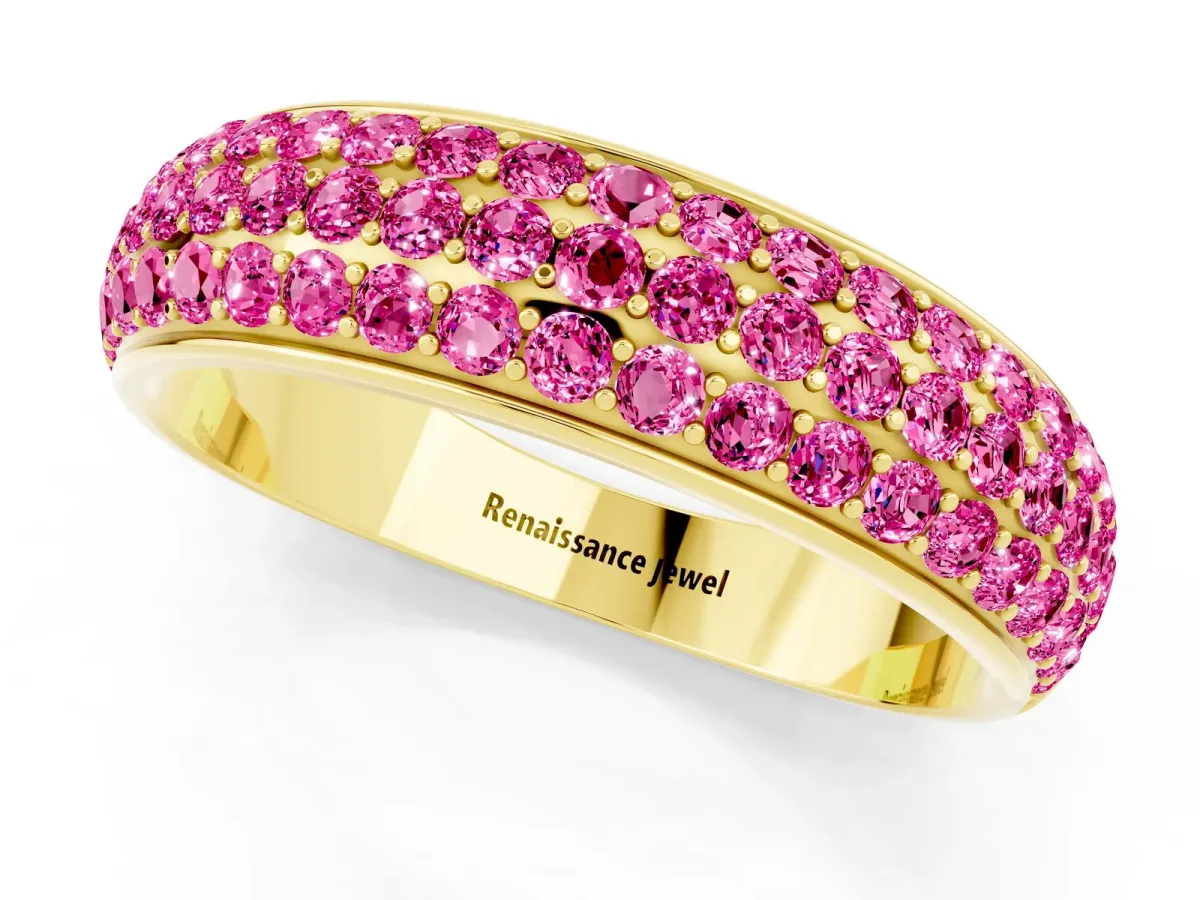 Three-Row Round Pink Sapphire Eternity Band with Shared Prong Setting Yellow gold