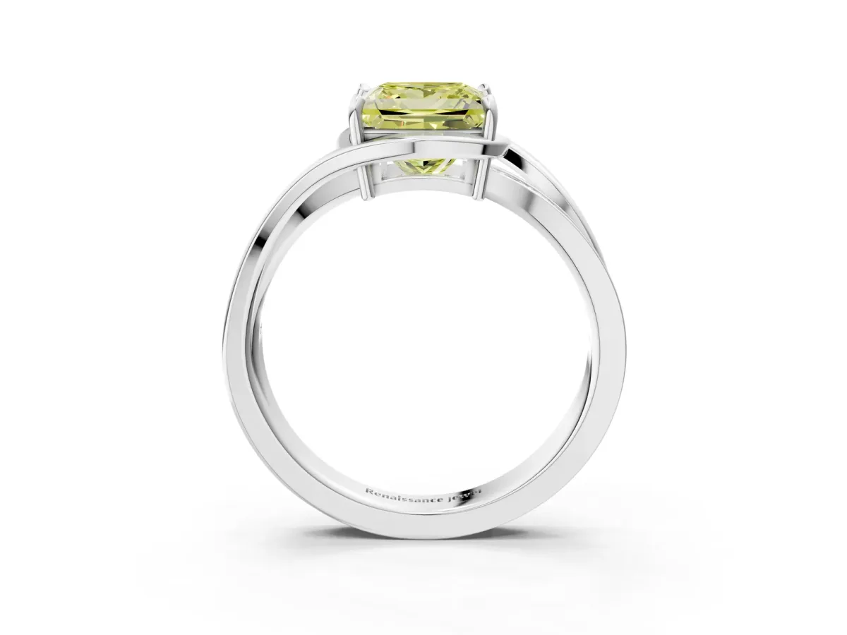 Fancy Yellow Princess Cut Diamond Solitaire Ring with Split Shank and Prong Setting Platinum