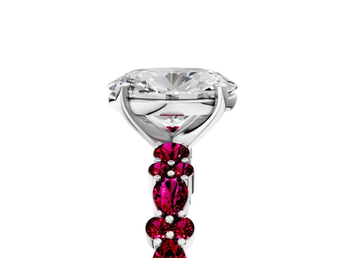 Oval Cut Diamond Side Stone Solitaire Ring with Round Garnet and Four-Prong Setting Silver