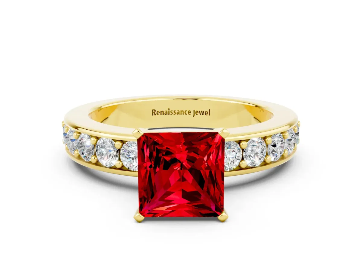Princess Cut Ruby Engagement Ring with Channel Set Round Band and Prong Setting Yellow gold