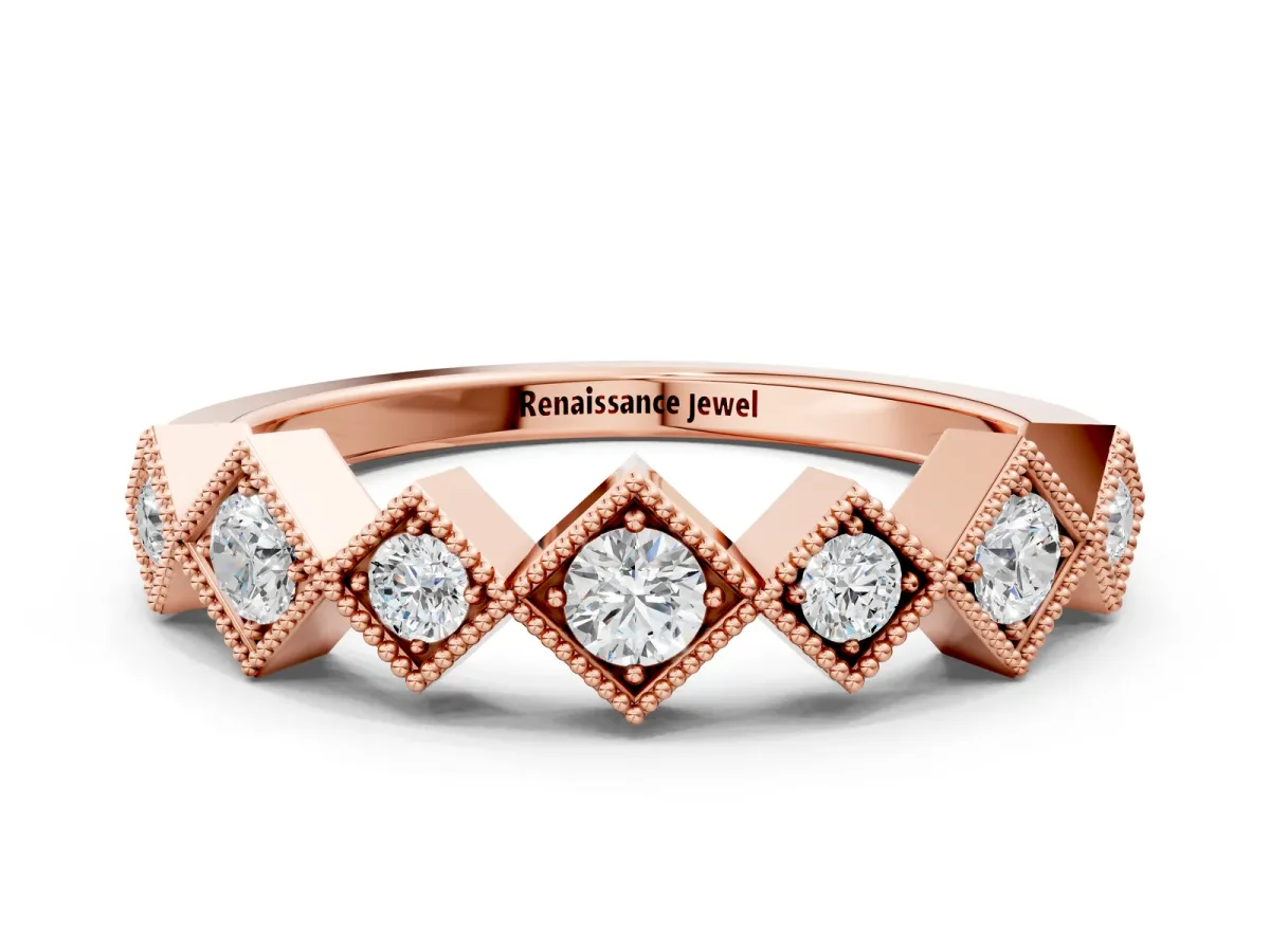 Milgrain Square Bezel Round Diamond Chevron Band Rose gold