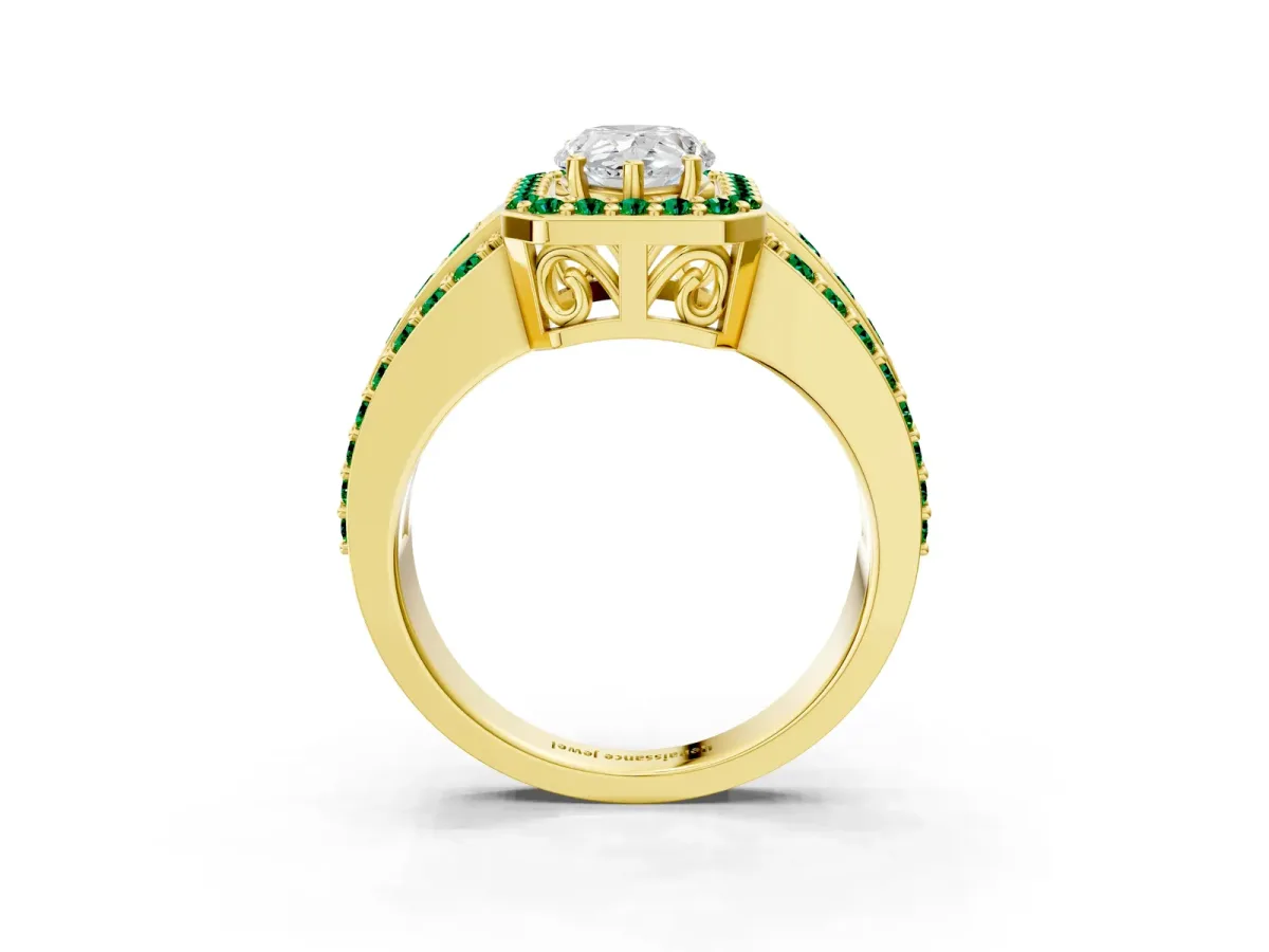 Pear Cut Halo Diamond Ring with Round Emerald Split Shank and Prong Setting Yellow gold