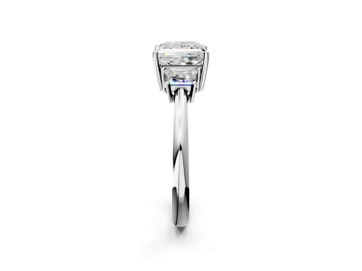 Princess Cut Diamond Three-Stone Ring with Trapezoid Side Stones and Prong Setting Platinum
