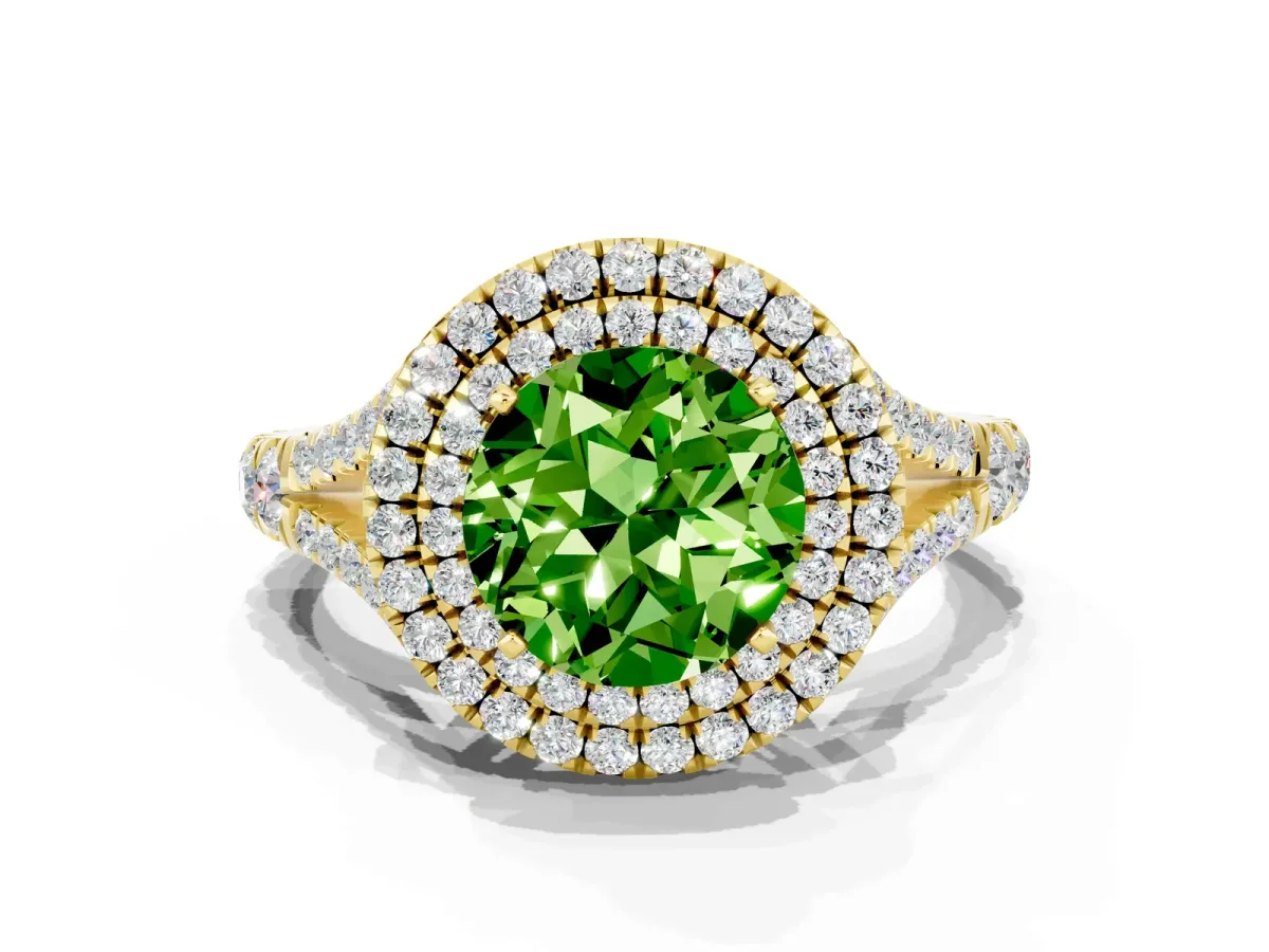 Round Cut Peridot Double Halo Ring with Split Shank and Prong Setting Yellow gold
