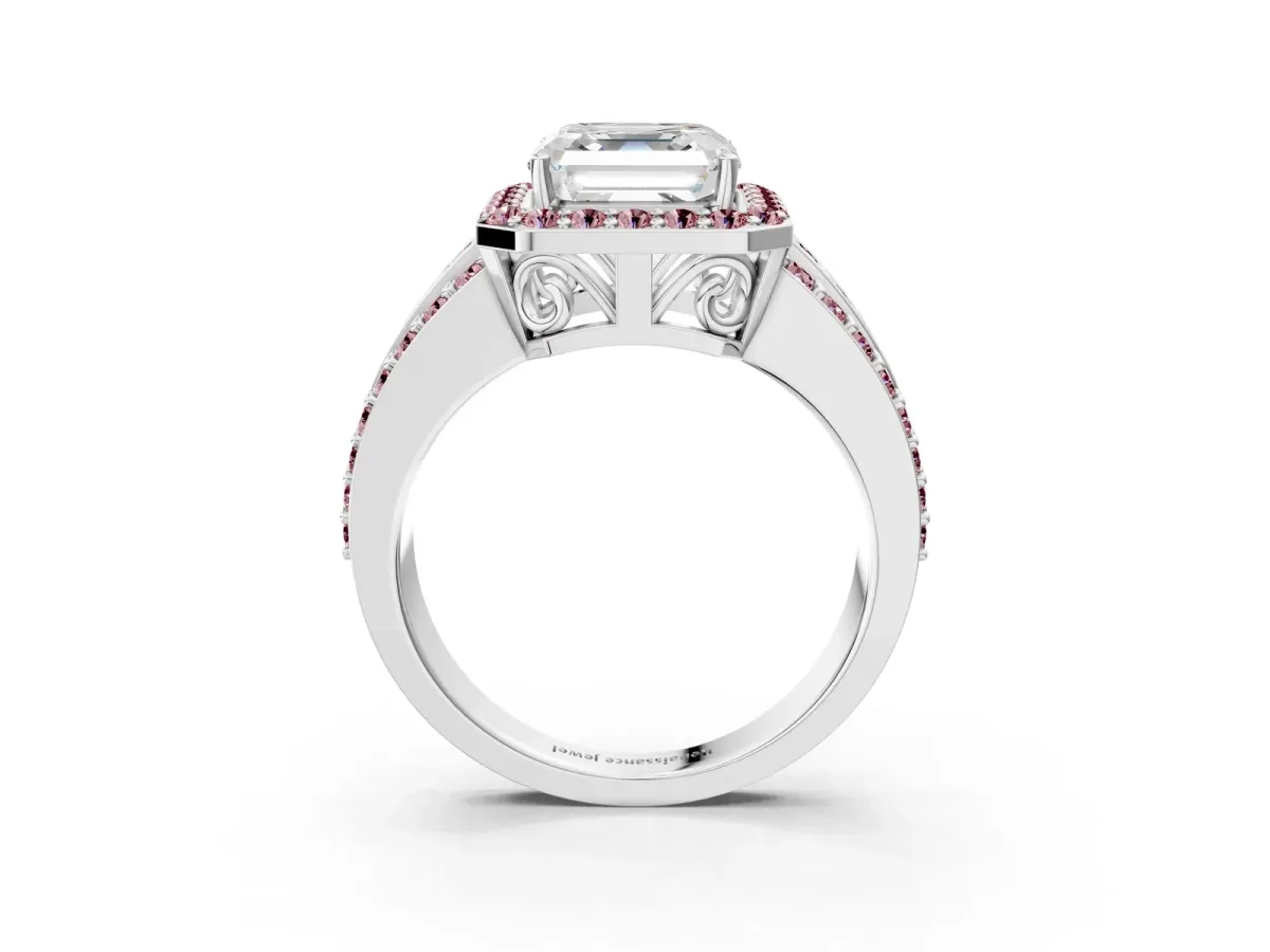 Asscher Cut Halo Diamond Ring with Round Morganite Split Shank and Prong Setting Silver