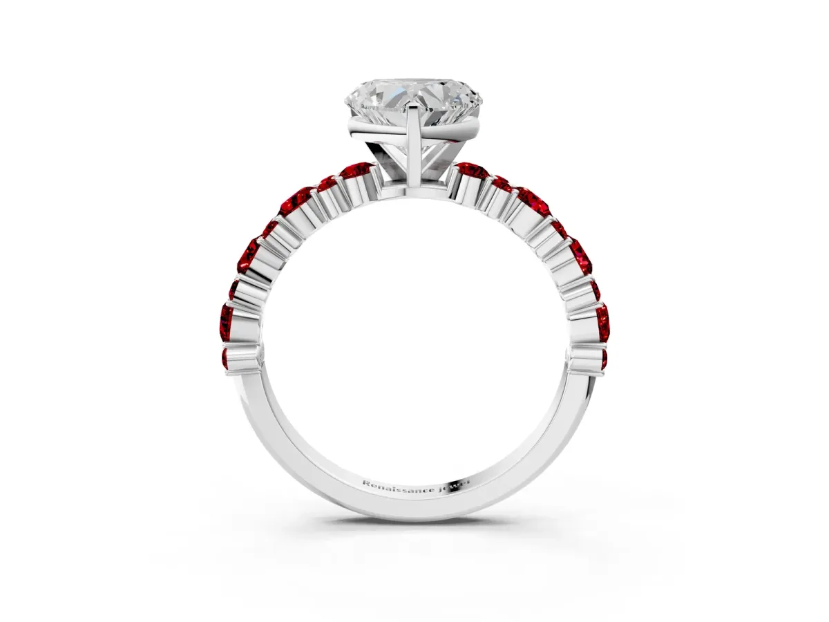 Heart Cut Diamond Side Stone Solitaire Ring with Round Ruby and Four-Prong Setting Silver