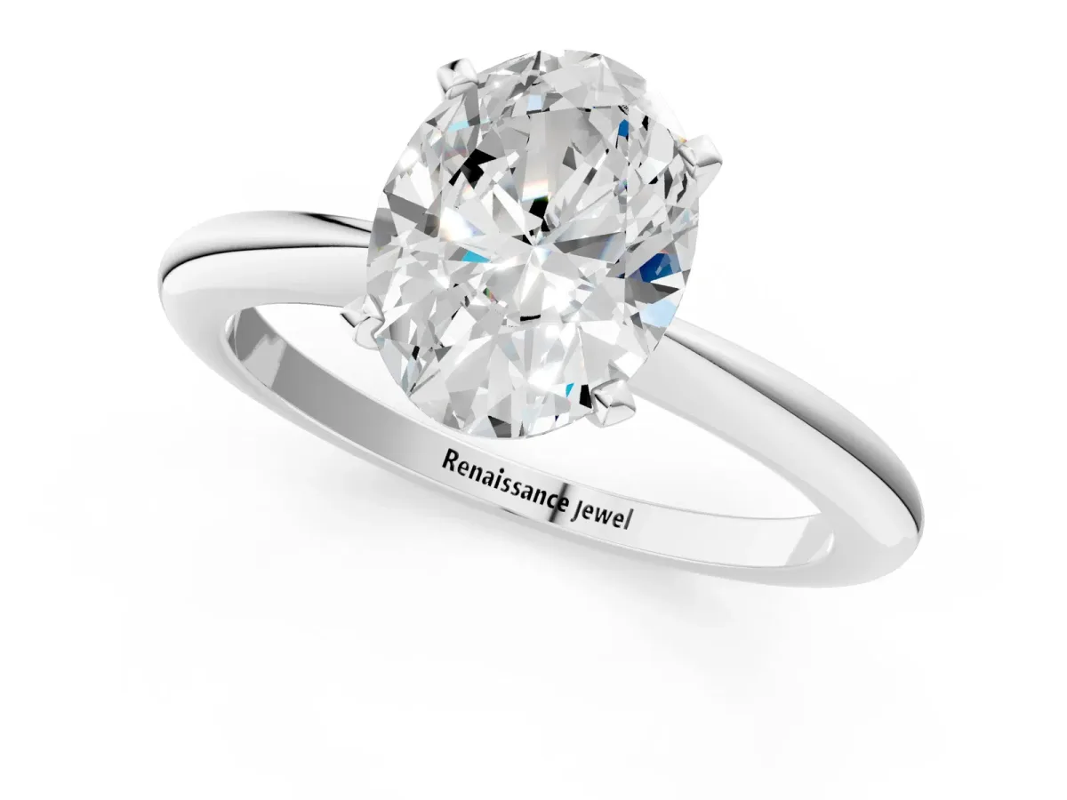 Oval Cut Diamond Solitaire Ring with Six-Prong Setting and Classic Band White gold