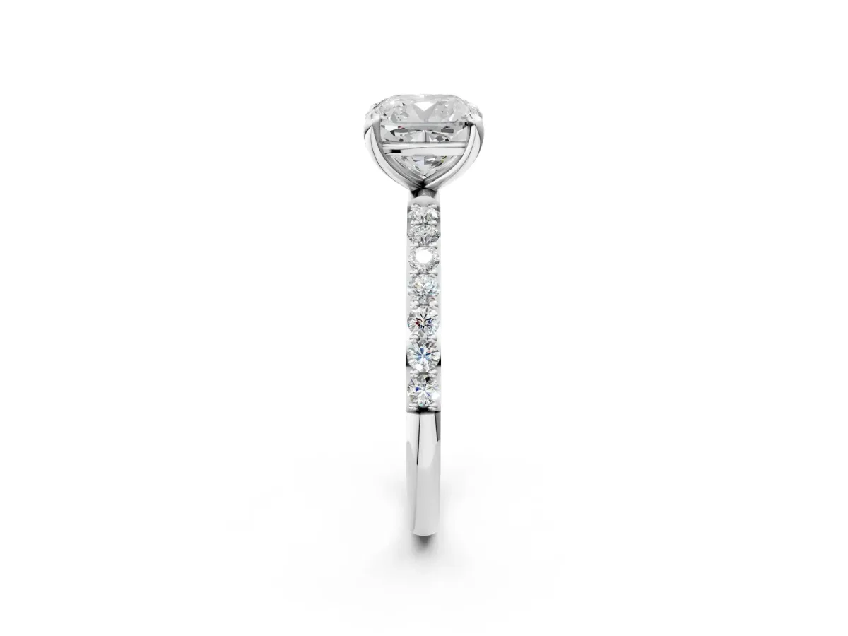 Cushion Cut Diamond Solitaire Ring with Round Pavé Band and Prong Setting Platinum