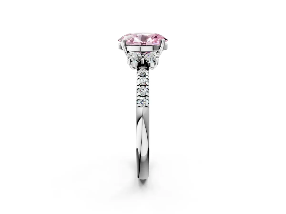 Fancy Pink Oval Cut Diamond Three-Stone Pave Band with Four-Prong Setting Silver