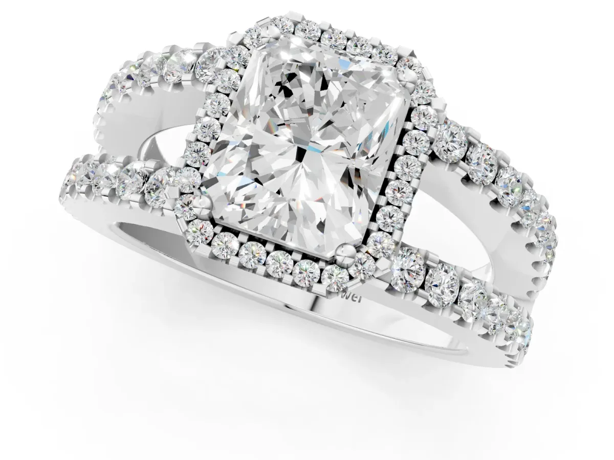 Radiant Cut Cut Halo Split Shank Diamond Ring with Four-Prong Setting Platinum
