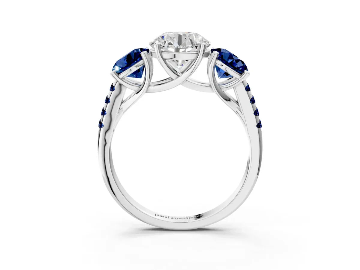 Three-Stone Round Cut Diamond Ring with Round Blue Sapphire Pavé Band and Prong Setting Silver