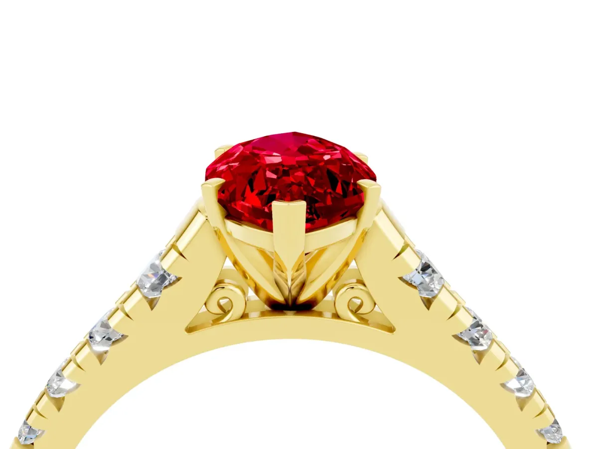 Marquise Cut Ruby Cathedral Solitaire Ring with Round Pavé Band Yellow gold
