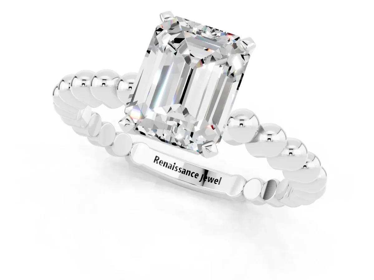 Emerald Cut Moissanite Solitaire Ring with Beaded Band and Prong Setting Platinum