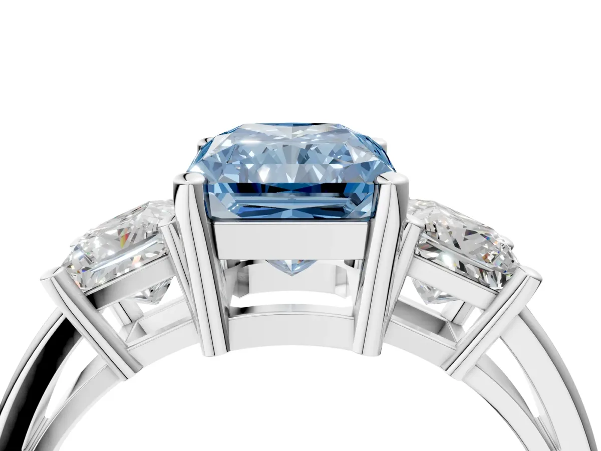 Fancy Blue Three-Stone Radiant Cut Cut Solitaire Ring with Prong Setting Platinum