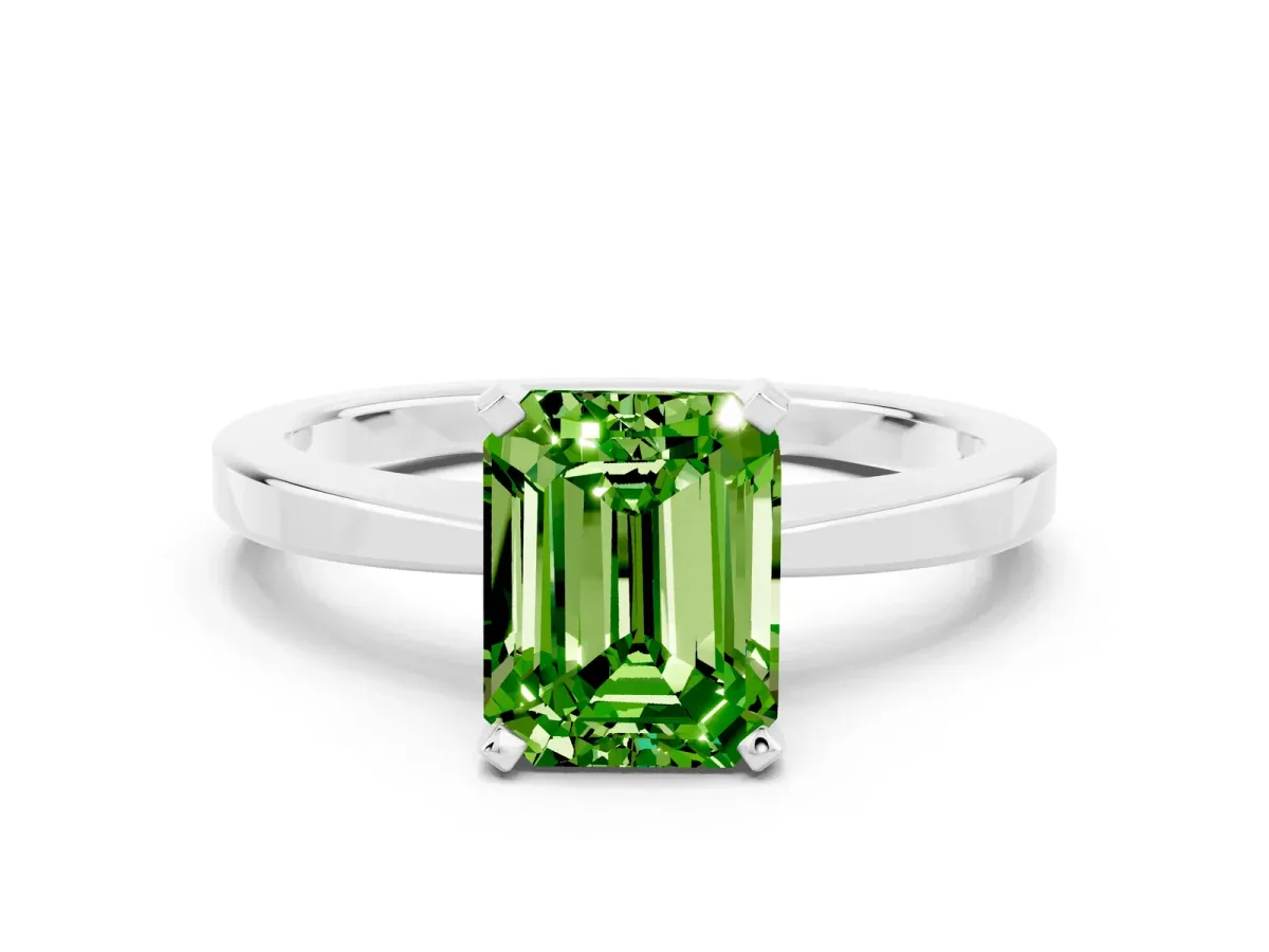 Emerald Cut Peridot Solitaire Engagement Ring with Classic Band and Four-Prong Setting Platinum