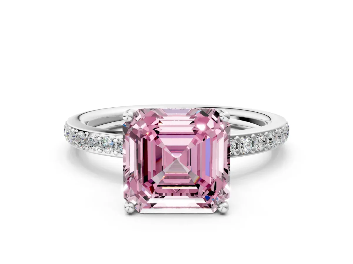 Fancy Pink Asscher Cut Cut Diamond Pavé Band Ring with Four-Prong Setting Platinum