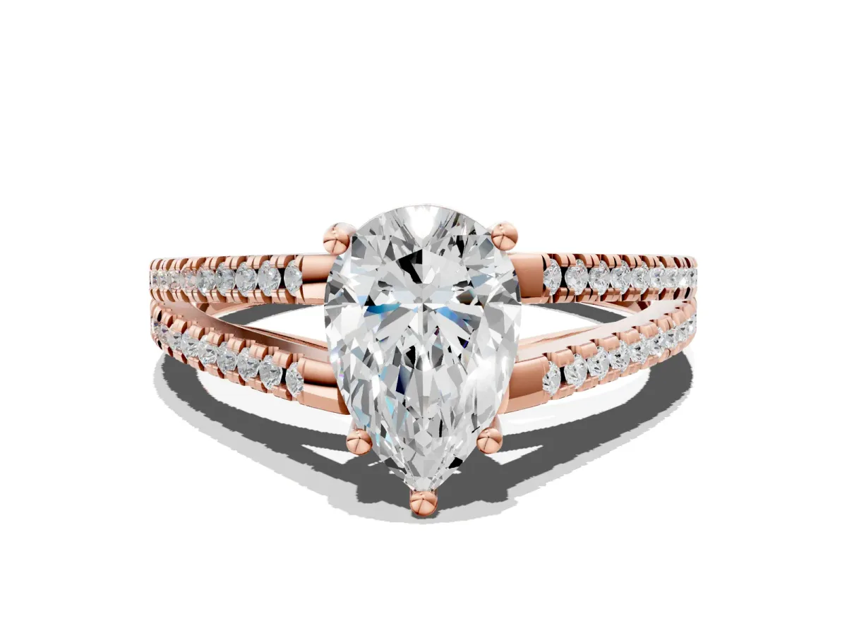 Pear Cut Diamond Solitaire Engagement Ring with Split Shank Pavé Band Rose gold