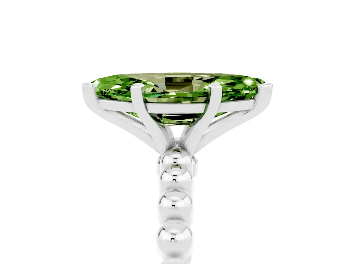 Marquise Cut Peridot Solitaire Ring with Beaded Band and Prong Setting Silver