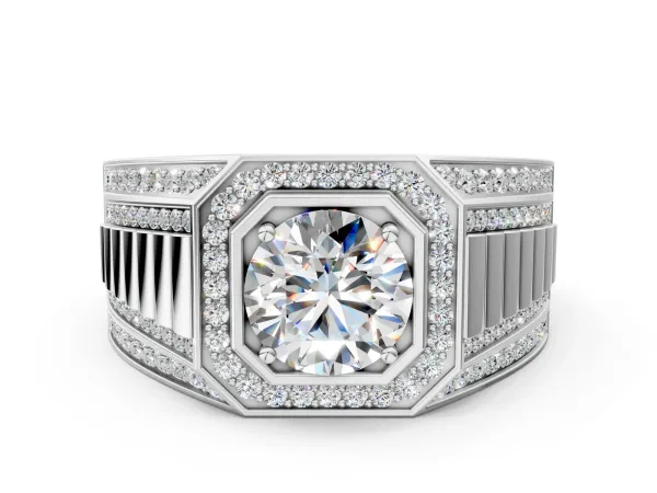 Round Diamond Octagonal Halo Mens Ring with Pavé Accents White gold