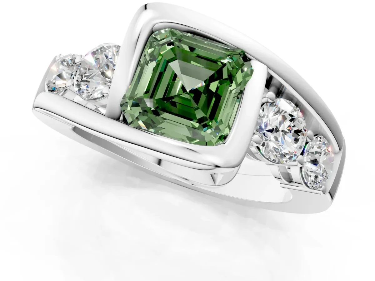 Fancy Green Bezel Set Asscher Cut Diamond Bypass Ring with Round Accents Platinum