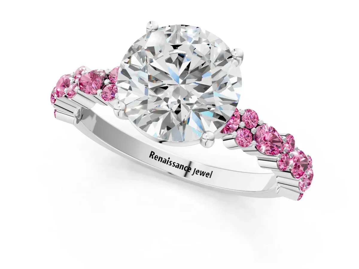 Round Cut Diamond Side Stone Solitaire Ring with Round Pink Sapphire and Four-Prong Setting Silver