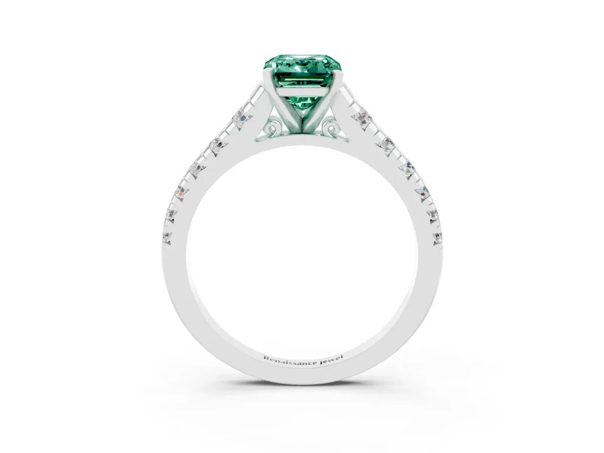 Emerald Cut Green Sapphire Cathedral Solitaire Ring with Round Pavé Band Silver