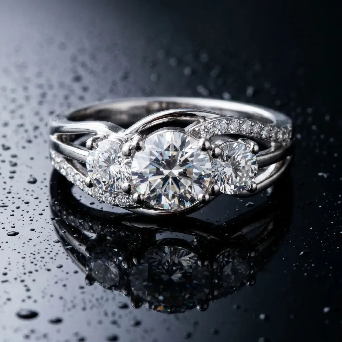 Three-Stone Asscher Cut Cut Diamond Split Shank Prong Set Ring Platinum
