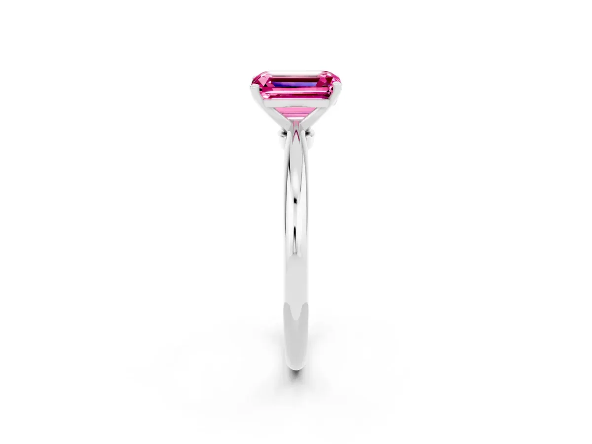 Emerald Cut Pink Sapphire Solitaire Ring with Six-Prong Setting and Classic Band Silver