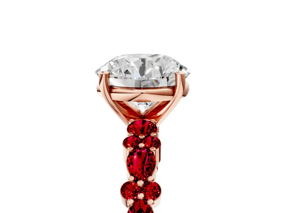 Round Cut Diamond Side Stone Solitaire Ring with Round Ruby and Four-Prong Setting Rose gold