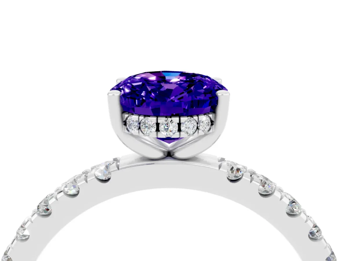 Oval Cut Tanzanite Pave Band Solitaire Ring with Round and Prong Setting Platinum