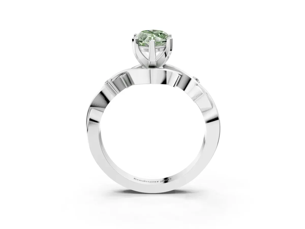 Fancy Green Marquise Cut Diamond Solitaire Ring with Twisted Band and Prong Setting Silver