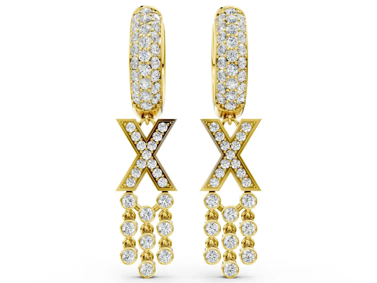 Round Diamond Initial X Huggie Hoop Earrings Yellow gold