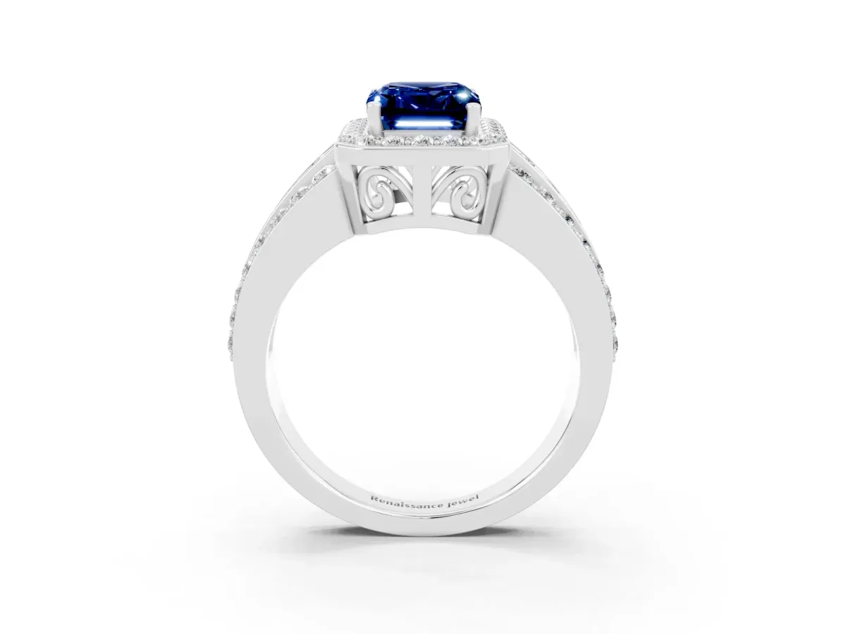 Emerald Cut Halo Blue Sapphire Ring with Round Split Shank and Prong Setting Platinum