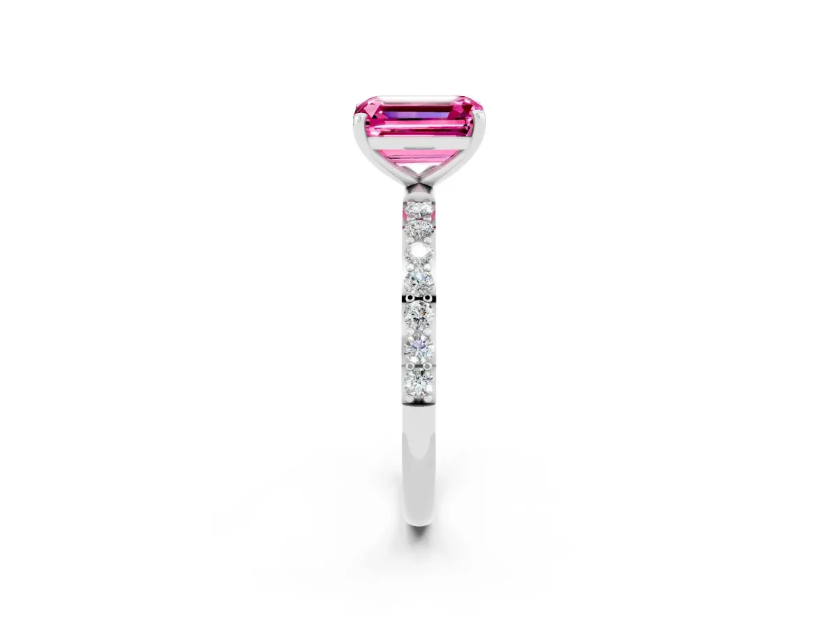 Emerald Cut Pink Sapphire Solitaire Ring with Round Pavé Shoulders and Prong Setting Silver