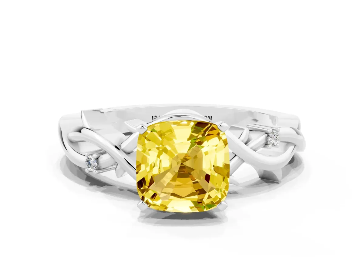 Cushion Cut Yellow Sapphire Solitaire Ring with Twisted Band and Prong Setting Silver
