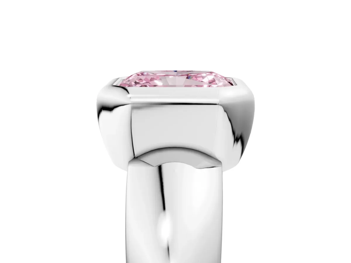 Fancy Pink Bezel Set Radiant Cut Solitaire Ring with Wide Band Platinum