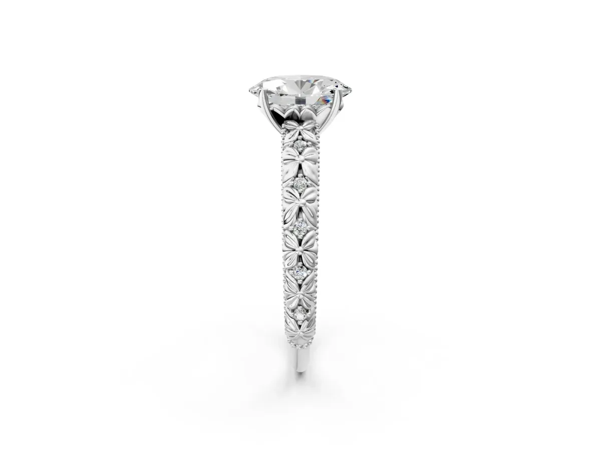 Oval Cut Solitaire Floral Milgrain Engagement Ring Silver